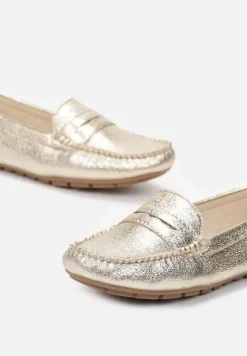 Złote Metaliczne Mokasyny na Płaskiej Podeszwie Morel