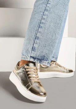 Złote Metaliczne Sneakersy Vices na Płaskiej Podeszwie Syliel