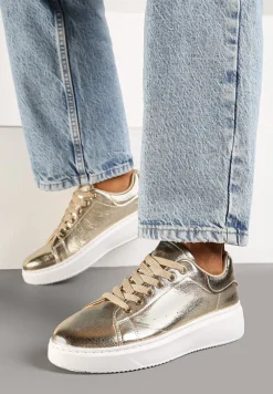 Złote Metaliczne Sneakersy Vices na Płaskiej Podeszwie Syliel