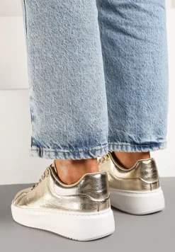 Złote Metaliczne Sneakersy Vices na Płaskiej Podeszwie Syliel