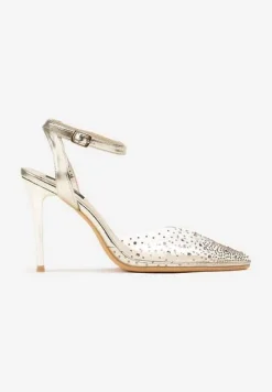 Złote Metaliczne Szpilki z Transparentną Cholewką i Cyrkoniami Mitanea