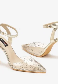 Złote Metaliczne Szpilki z Transparentną Cholewką i Cyrkoniami Mitanea