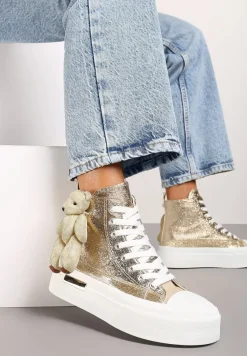 Złote Metaliczne Trampki za Kostkę na Grubej Podeszwie z Aplikacją w Kształcie Misia Ivarina