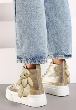 Złote Metaliczne Trampki za Kostkę na Grubej Podeszwie z Aplikacją w Kształcie Misia Ivarina