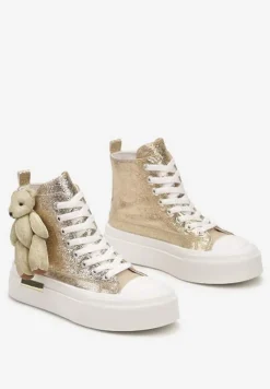 Złote Metaliczne Trampki za Kostkę na Grubej Podeszwie z Aplikacją w Kształcie Misia Ivarina