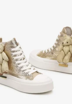 Złote Metaliczne Trampki za Kostkę na Grubej Podeszwie z Aplikacją w Kształcie Misia Ivarina