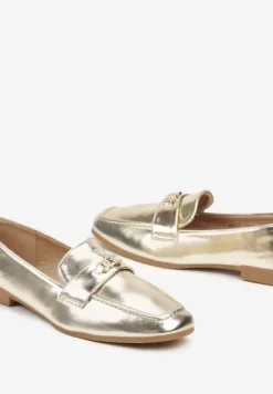 Złote Mokasyny na Płaskiej Podeszwie Ozdobione Cyrkoniami Nevthany