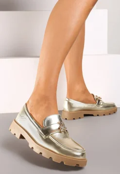 Złote Mokasyny na Płaskiej Podeszwie Ozdobione Cyrkoniowym Misiem Nevithra