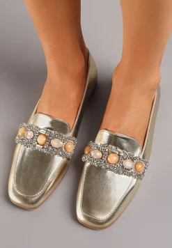 Złote Mokasyny z Cyrkoniami i Perełkami na Klamerce Sybilla