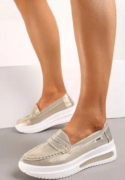 Złote Mokasyny z Ekozamszu na Platformie Ozdobione Paseczkiem Adrancia