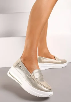 Złote Mokasyny z Ekozamszu na Platformie Ozdobione Paseczkiem Adrancia