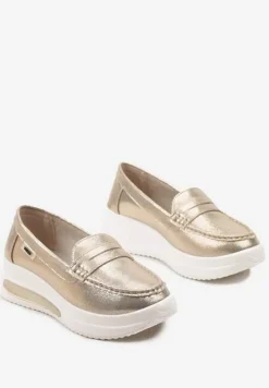 Złote Mokasyny z Ekozamszu na Platformie Ozdobione Paseczkiem Adrancia