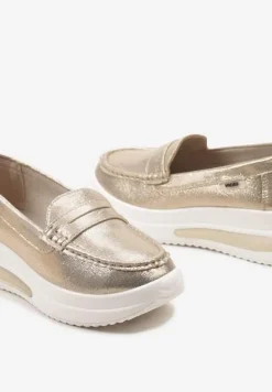 Złote Mokasyny z Ekozamszu na Platformie Ozdobione Paseczkiem Adrancia
