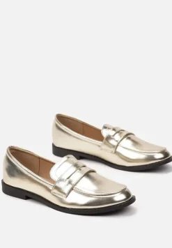 Złote Mokasyny z Eleganckim Paseczkiem z Wycięciem z Przodu Bianaba