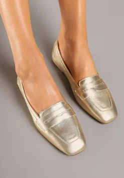 Złote Mokasyny z Kwadratowym Noskiem z Imitacji Zamszu Lalina