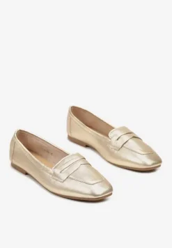 Złote Mokasyny z Kwadratowym Noskiem z Imitacji Zamszu Lalina