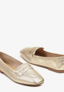 Złote Mokasyny z Kwadratowym Noskiem z Imitacji Zamszu Lalina
