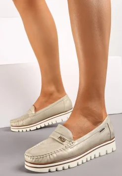 Złote Mokasyny z Wkładką ze Skóry Naturalnej Buildesa