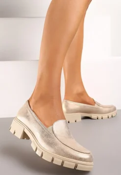 Złote Mokasyny ze Skórzaną Wkładką i Grubą Ozdobną Podeszwą Viole