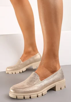 Złote Mokasyny ze Skórzaną Wkładką i Grubą Ozdobną Podeszwą Viole