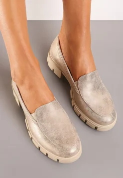 Złote Mokasyny ze Skórzaną Wkładką i Grubą Ozdobną Podeszwą Viole