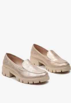 Złote Mokasyny ze Skórzaną Wkładką i Grubą Ozdobną Podeszwą Viole