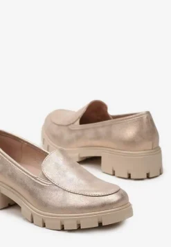 Złote Mokasyny ze Skórzaną Wkładką i Grubą Ozdobną Podeszwą Viole