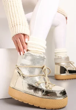 Złote Śniegowce na Grubej Podeszwie ze Ściąganą Cholewką i Sznurowaniem Betulia