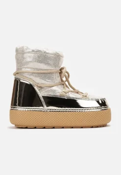 Złote Śniegowce na Grubej Podeszwie ze Ściąganą Cholewką i Sznurowaniem Betulia