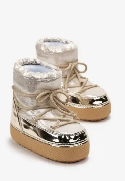 Złote Śniegowce na Grubej Podeszwie ze Ściąganą Cholewką i Sznurowaniem Betulia