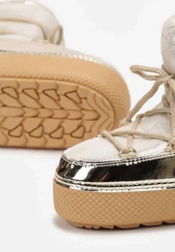 Złote Śniegowce na Grubej Podeszwie ze Ściąganą Cholewką i Sznurowaniem Betulia