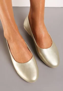 Złote Płaskie Balerinki z Imitacji Skóry Wsuwane z Okrągłym Noskiem Jemenna