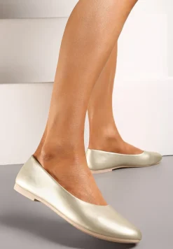 Złote Płaskie Balerinki z Imitacji Skóry Wsuwane z Okrągłym Noskiem Jemenna