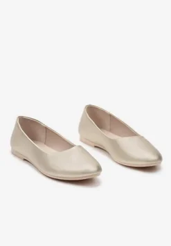 Złote Płaskie Balerinki z Imitacji Skóry Wsuwane z Okrągłym Noskiem Jemenna