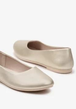 Złote Płaskie Balerinki z Imitacji Skóry Wsuwane z Okrągłym Noskiem Jemenna