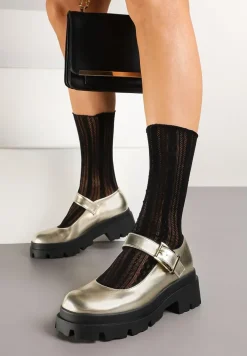 Złote Półbuty Mary Jane na Platformie Wykończone Paskiem ze Sprzączką Navshia