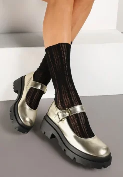 Złote Półbuty Mary Jane na Platformie Wykończone Paskiem ze Sprzączką Navshia