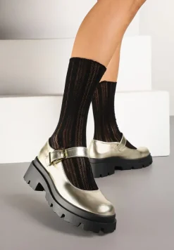 Złote Półbuty Mary Jane na Platformie Wykończone Paskiem ze Sprzączką Navshia