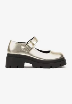 Złote Półbuty Mary Jane na Platformie Wykończone Paskiem ze Sprzączką Navshia