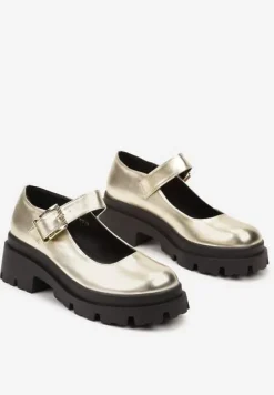 Złote Półbuty Mary Jane na Platformie Wykończone Paskiem ze Sprzączką Navshia