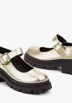 Złote Półbuty Mary Jane na Platformie Wykończone Paskiem ze Sprzączką Navshia