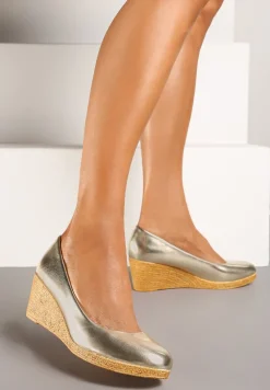 Złote Półbuty Vices na Obcasie Typu Koturn z Wkładką ze Skóry Naturalnej Delorwen