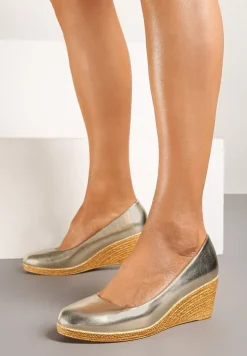 Złote Półbuty Vices na Obcasie Typu Koturn z Wkładką ze Skóry Naturalnej Delorwen