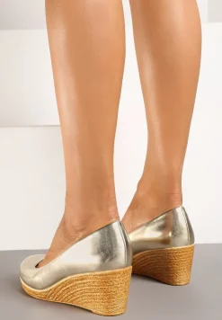 Złote Półbuty Vices na Obcasie Typu Koturn z Wkładką ze Skóry Naturalnej Delorwen