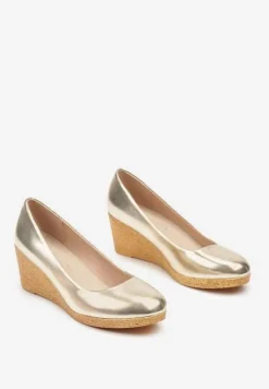 Złote Półbuty Vices na Obcasie Typu Koturn z Wkładką ze Skóry Naturalnej Delorwen