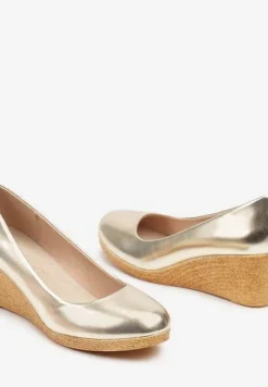 Złote Półbuty Vices na Obcasie Typu Koturn z Wkładką ze Skóry Naturalnej Delorwen