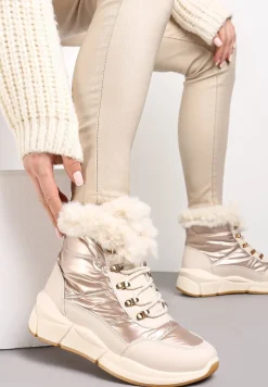 Złote Pikowane Botki z Futerkiem i Błyszczącym Wykończeniem Vorellia