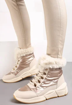 Złote Pikowane Botki z Futerkiem i Błyszczącym Wykończeniem Vorellia