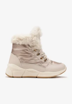 Złote Pikowane Botki z Futerkiem i Błyszczącym Wykończeniem Vorellia