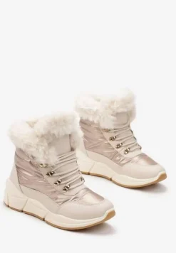 Złote Pikowane Botki z Futerkiem i Błyszczącym Wykończeniem Vorellia